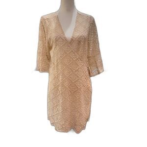 Maaji Crochet Lace Kimono Cover Up Beige Sheer Boho Beach Resort Women M Tassel